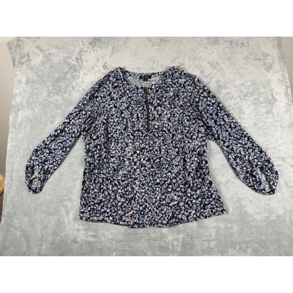 Roz & Ali Women 1X Blue Floral Half Zip Pleated Roll Tab Sleeve Blouse Top